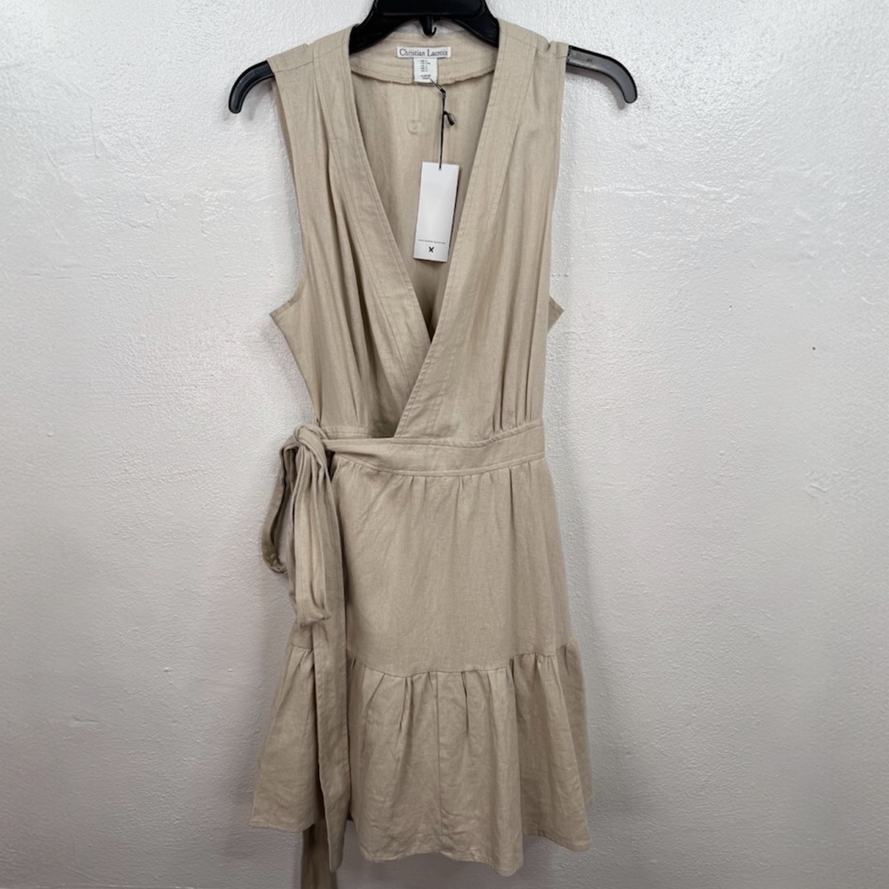 Christian Lacroix Wrap Dress Womens L Beige Sleeveless V-Neck Tie With Pockets